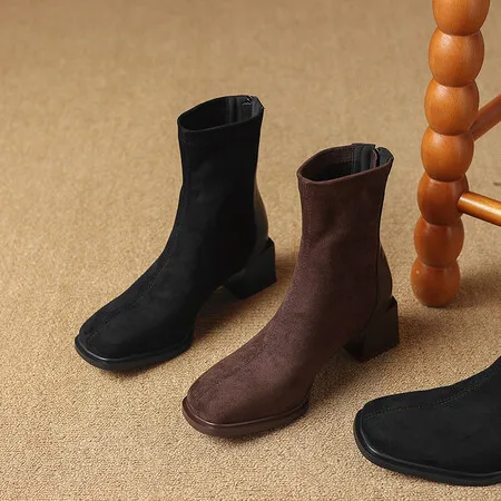 Fashion Thick Heel Short Boots 2024 Winter New Square Headed Suede Short Boots Women Plush Warm High Heels Boots