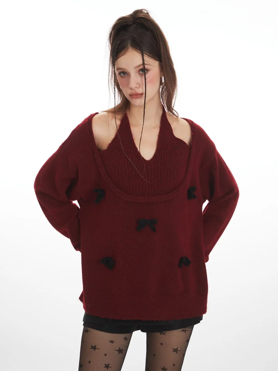 

Bare-shoulder Decollete Halter Sweaters Designer Bows Fake-2-pcs Knitted Winter Clothes Sexy Pullovers Tops for Women Girls Lady