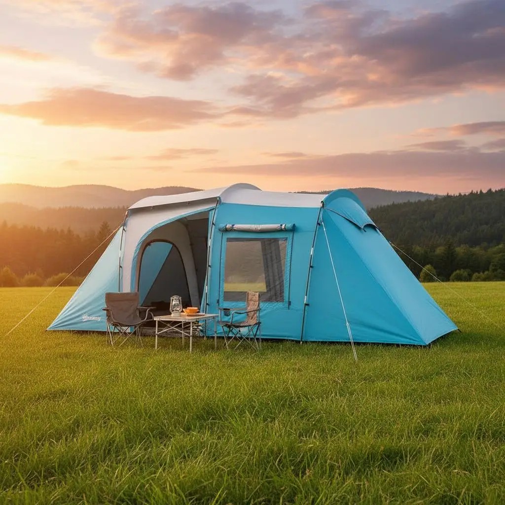 Carpa familiar para 3-4 personas, 2 habitaciones, 4 puertas y 4 ventanas, con bolsa de transporte, dim. 460 cm de largo x 220 cm de ancho x 175 cm de alto