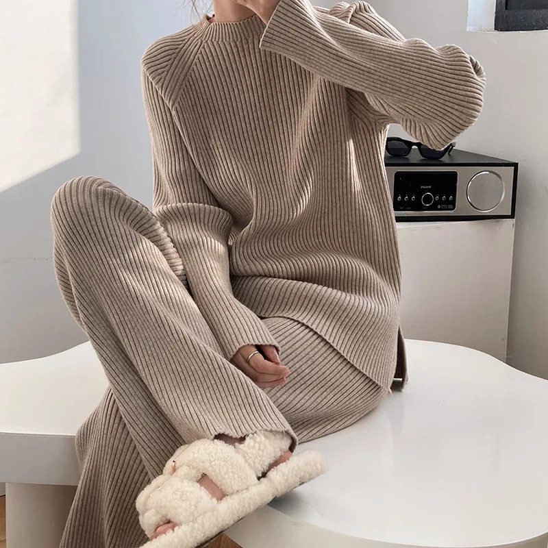 

Casual Solid Color Sweater Set Women Knitted Long Sleeve Loose Joker O Neck Thickened Jacket Knitted Shirt Fall/winter E1424