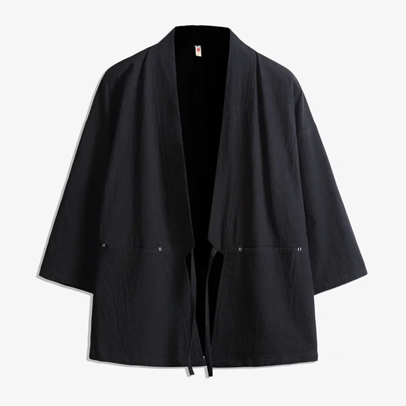 Camisa de Verão Masculina, Kimono Chinês, Camisa de Algodão com Costura Aberta, Cardigan de Cor Sólida, Moda Japonesa, Camisas Finas