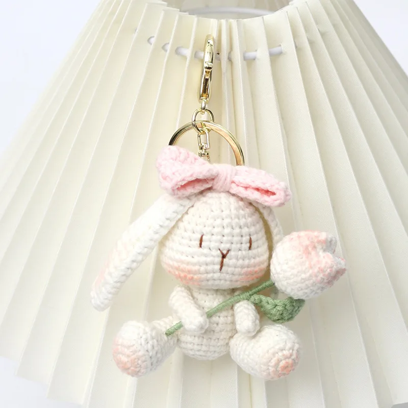 New Kawaii Handmade Knitted Yarn Wool Rabbit Doll Keychain Pendant Cartoon Crochet Animal Dolls Home Room Decor Christmas Gifts