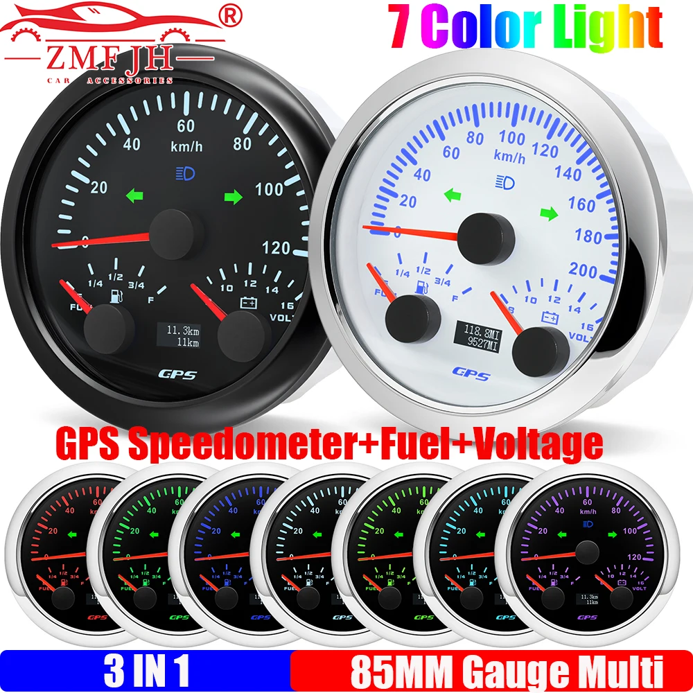 

ZMFJH 120KMH,200KMH 85MM GPS Speedometer+Fuel Level+Voltage with High Beam Turn Left Right Light 7 Colors LED for Car Boat Yacht
