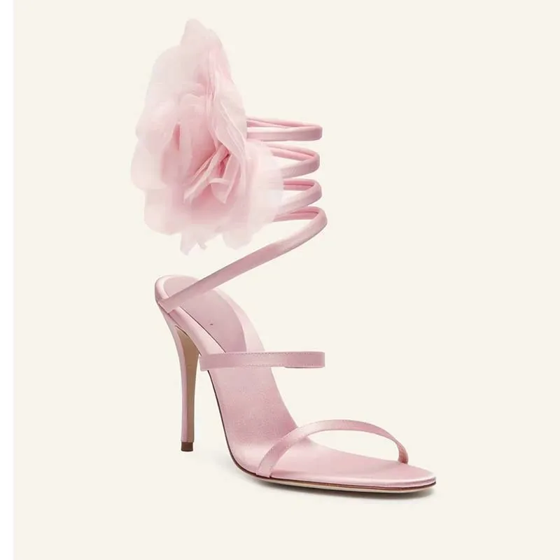

2025 New Cross-Tied Round Toe Flower Summer Women Sandals Stiletto High Heels Slip On Design Large Size Party Shoes