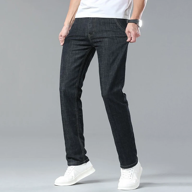 Male Fashion High Waisted Stretch Denim Pants Men Business Casual Straight Jeans High Quality Breathable Light Blue Trousers