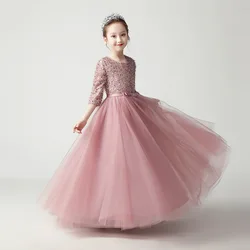 Child Girl Evening Plush Sequin Dress Princess Elegant Pageant Formal Birthday Party Long Ball Gown Big Kids Red Pink Grey Frock