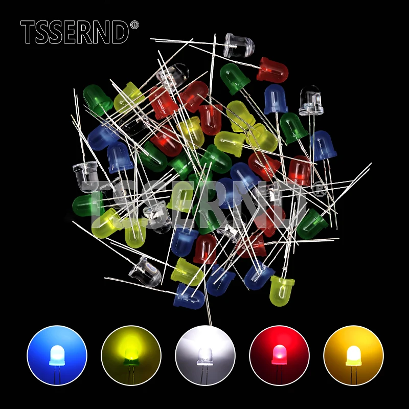 50pcs 8mm LED Diode F8 Assorted Kit White Red Green Blue Yellow DIY Light Emitting Diode