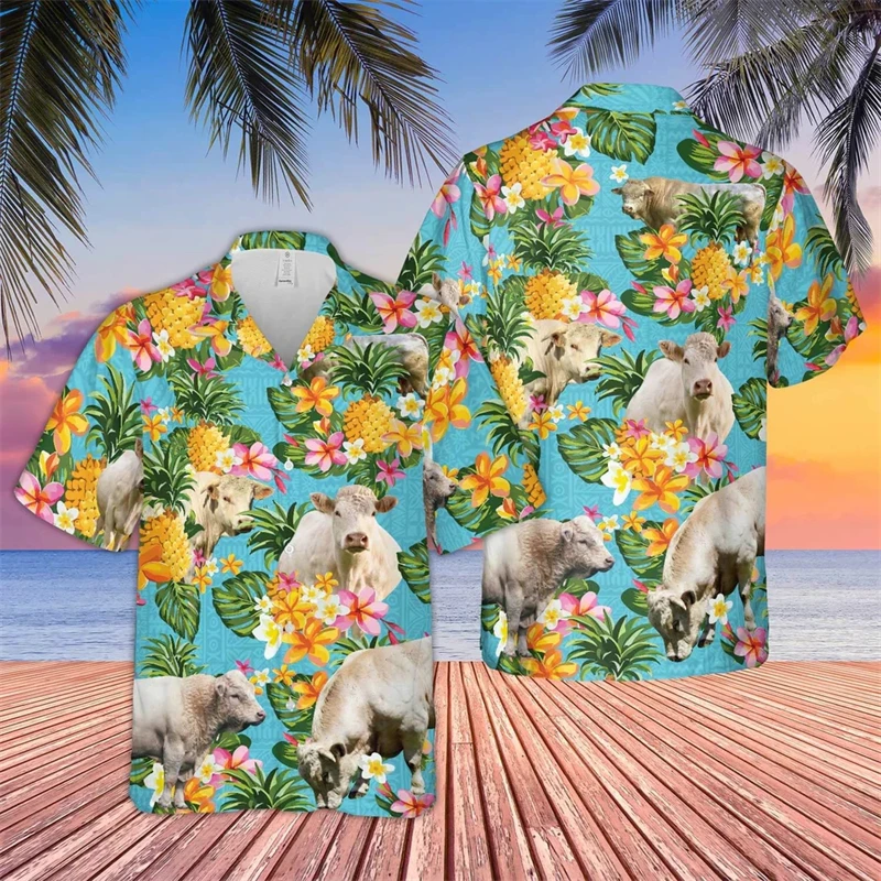 Men\'s Hawaii Summer Pig Alpaca 3d Print Casual Shirts Hawaiian Beach Animal Pattern Funny Short Sleeve Camisa Cool Design Blouse