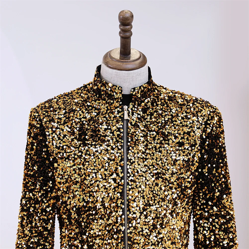 Chaqueta larga de lujo para hombre, Blazer dorado brillante, traje con cremallera y cuello levantado, trajes de cantante de fiesta, espectáculo,