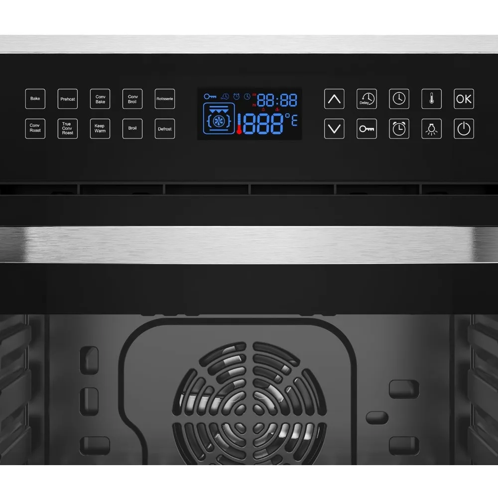 Controle de Toque Elétrico LED Digital, Convecção Integrada, Forno de Parede Simples, 10 Funções de Cozinha, Rotisserie, 24"