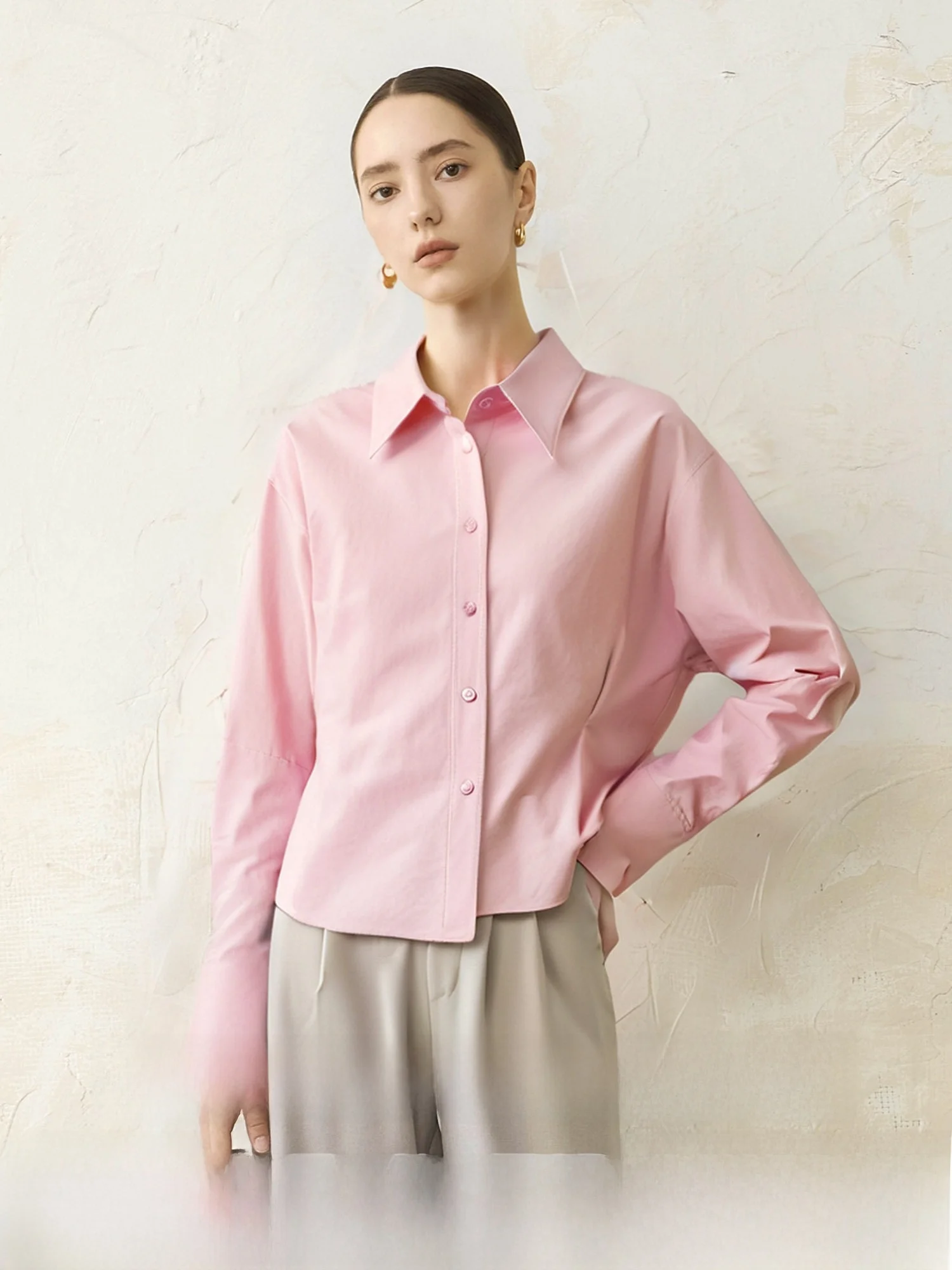 

Faionable Cotton irt Women's Waist-Cinching Folded Design Commute irt Asymmetrical Plaet Regular Sve Long irt