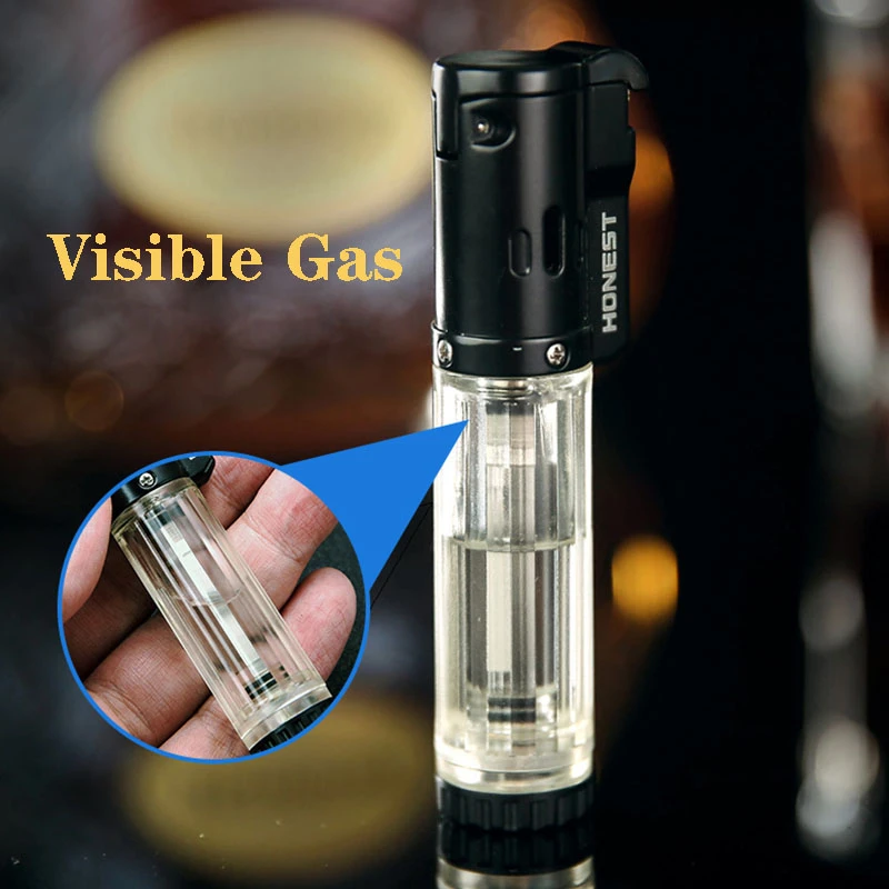 Honest Butane Gas Cigar Lighter Transparent Visible FuelTank Fire LOCK Set Windproof Blue Jet Flame Grinding Wheel Outside Tool