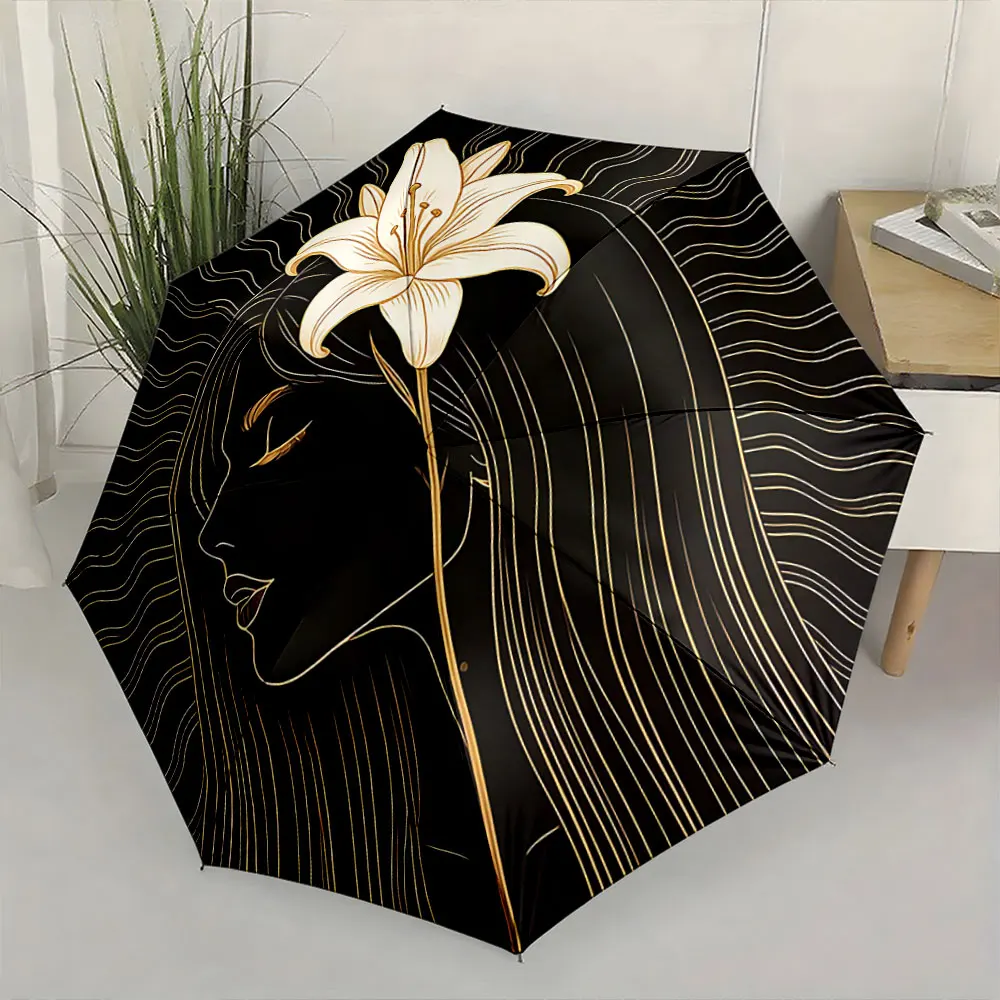 1PC Elegant Umbrella with Lily and Artistic Profile Design Print 8 Iron Ribs Folding Umbrella Auto-Open Fashion Sunshade