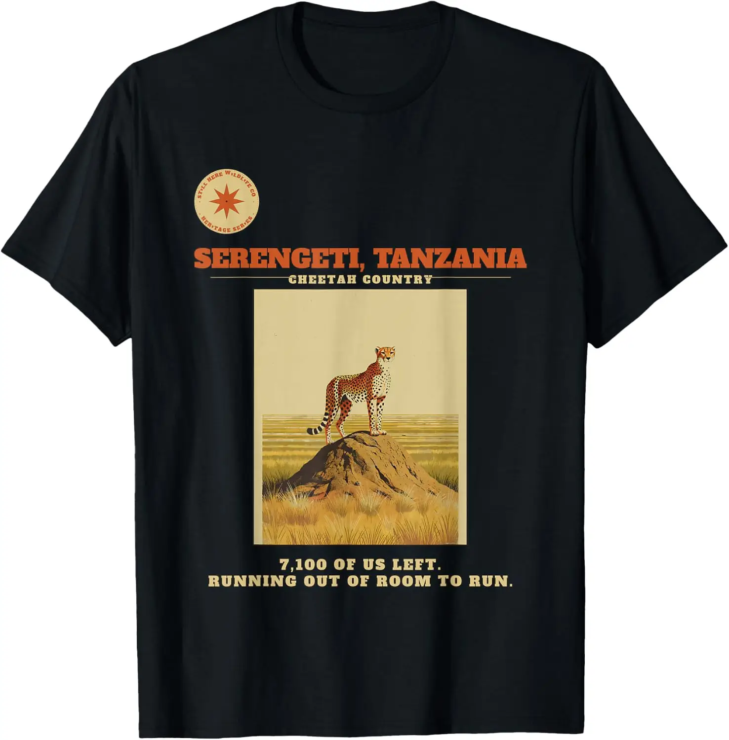 Serengeti Tanzania Cheetah Vintage Safari T-Shirt Men Vintage Graphic T‑Shirt, Casual Crew Neck Short Sleeve Retro Art Print Tee, Classic Distressed Style Printed Top