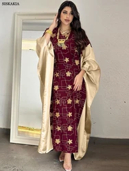 Siskakia Arab Dubai Fashion Floral Embroidery Long Dresses Moroccan Kaftan Casual Contrast Color Batwing Sleeve Abaya For Women