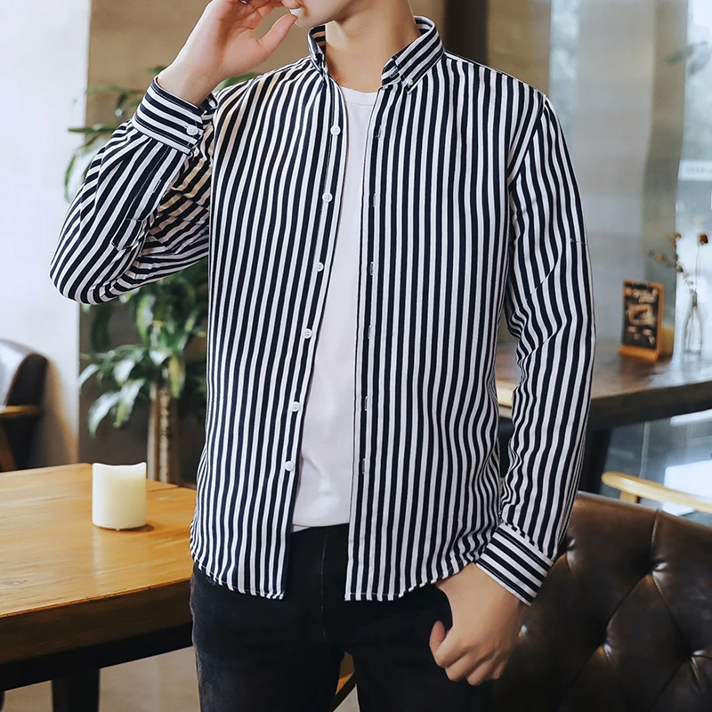 Spring Autumn Men's Clothing Contrast Color Striped Long Sleeve Button Cardigan Shirt Coats Casual Formal Turn-down Collar Tops