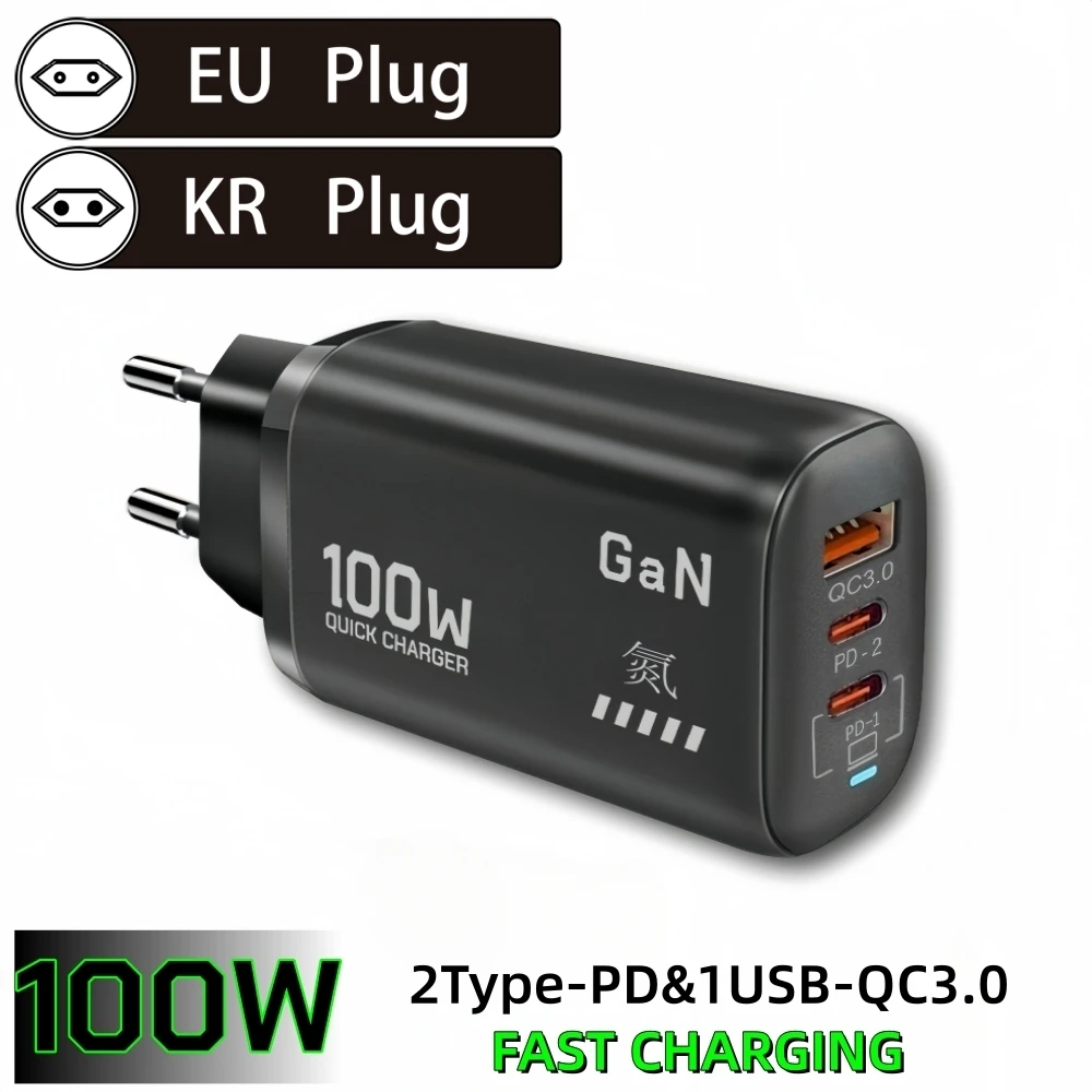 100W GaN PD Type C Charger USB QC 3.0 for Laptop IPad PPS Fast Charge EU for Samsung Xiaomi iPhone 17 16 15 Pro Max Mobile Phone