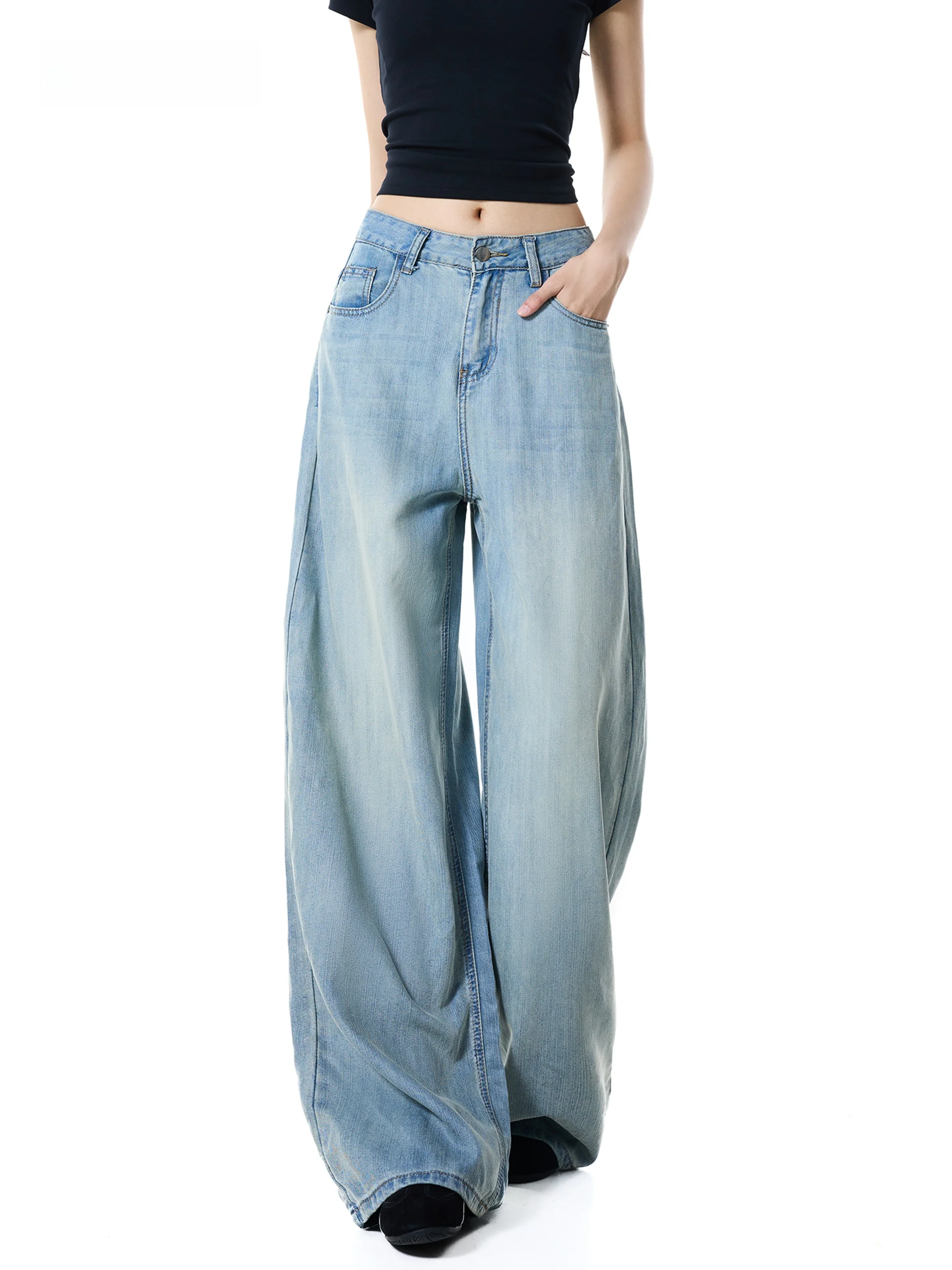 High Waist Wide Leg Denim Jeans Women's Vintage Wash Slimming Draping Floor-Length Pants Autumn New Style American Style