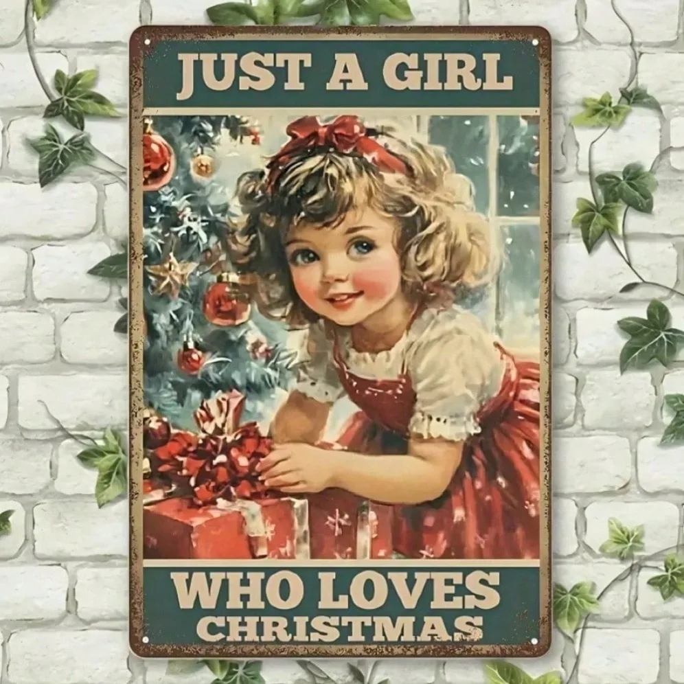 

Vintage "Just A Girl Who Loves Christmas" Round Metal Sign 8x12 Inch Festive Wall Art for Bedroom Living Room Decor