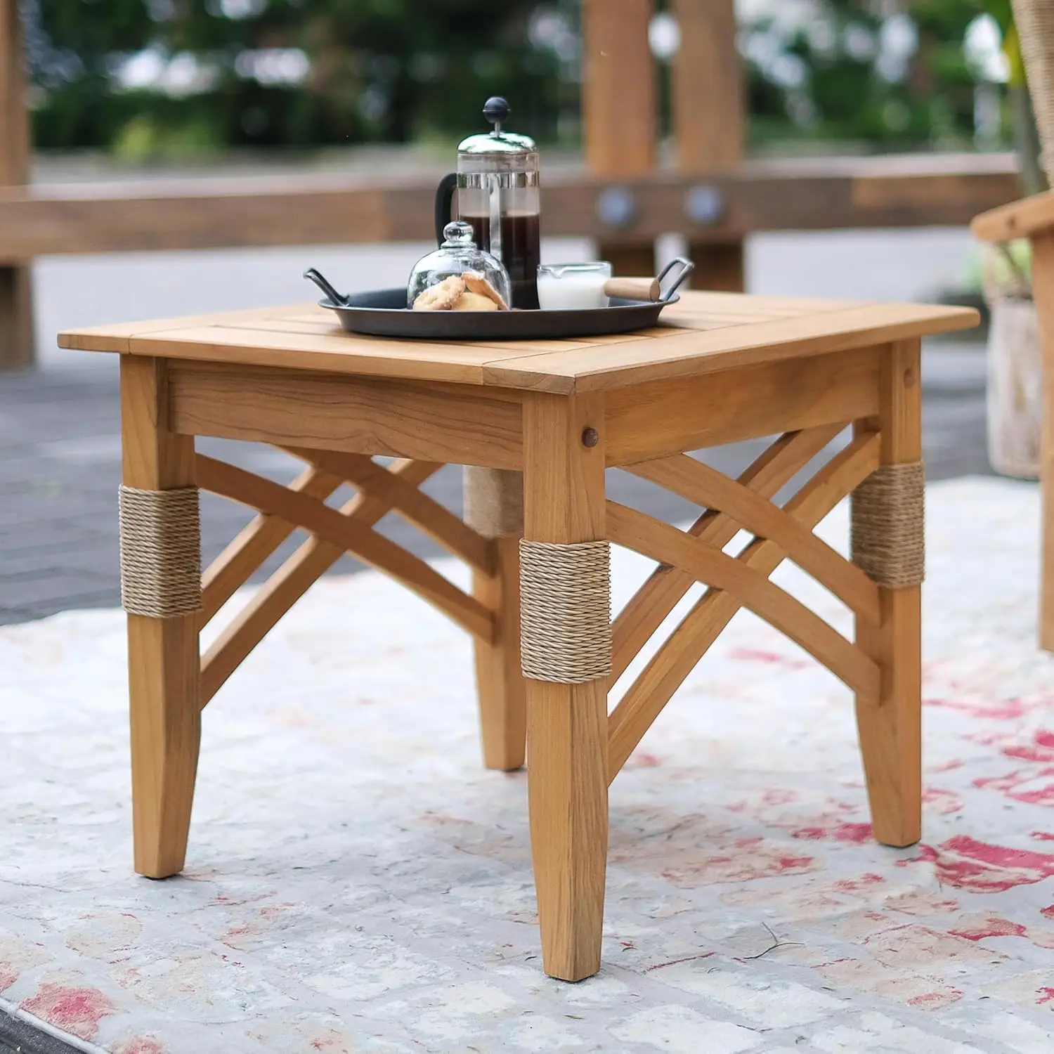 Solid Teak Wood Sierra Square Side Table with Shelf, Side Table with X Detail and Honey Twist Wicket, Perfect, Customized
