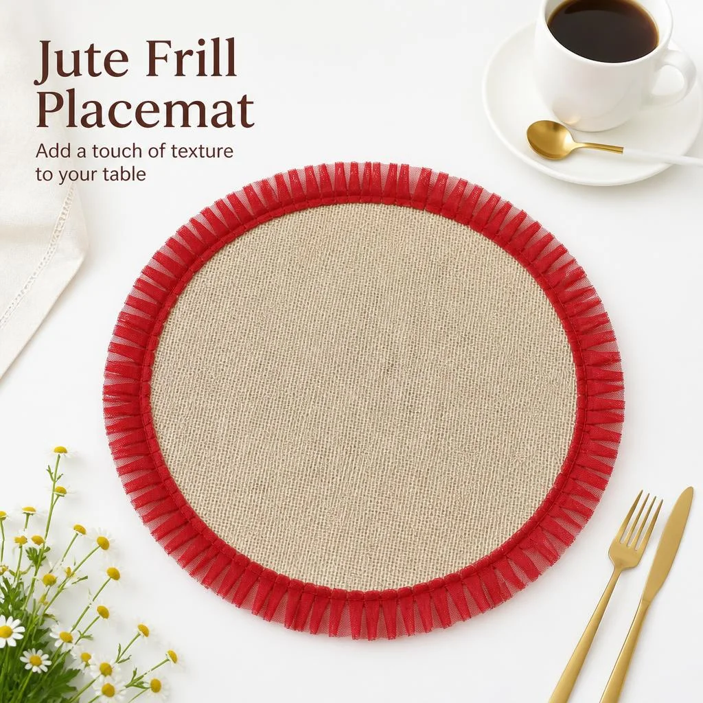 Round placemats with wooden ears pastoral retro jute woven fabric red gauze pleated lotus leaf edge design for daily dining