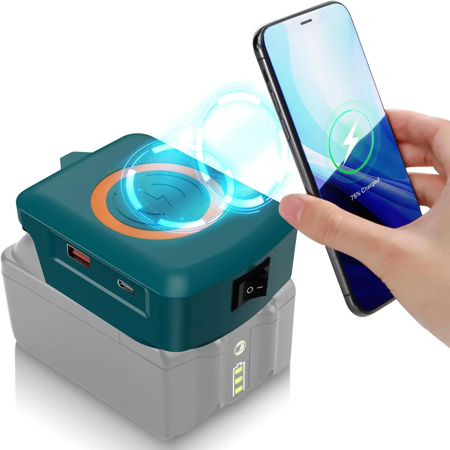 Portable Wireless Charger for Makita 18V Battery – 15W Fast Charging Dock for iPhone, Samsung, AirPods, with USB & Type-C Ports