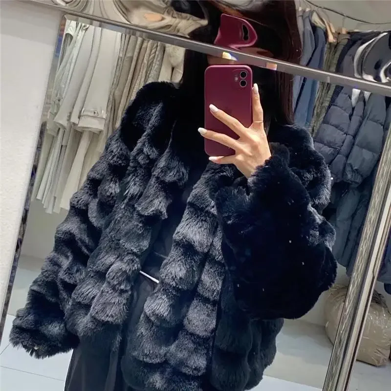 Winter Faux Fur Coat Solid Short Temperament Warm Long Sleeves Versatile Skinny Fur Jackets for Women Thick Warm Fur Outer Wear