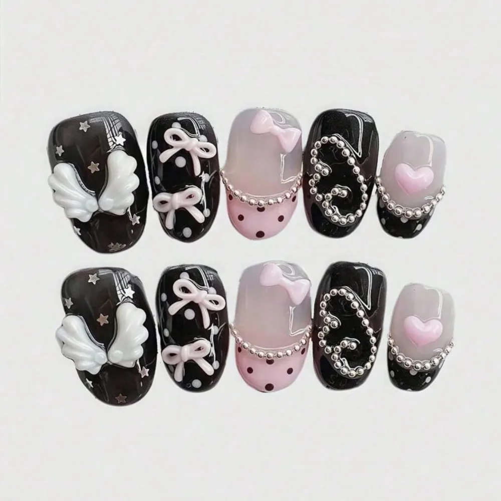 10pcs pure hand pressed short circular nail art, beautiful fake nails, sweet and cool pink bow, suitable for women to use