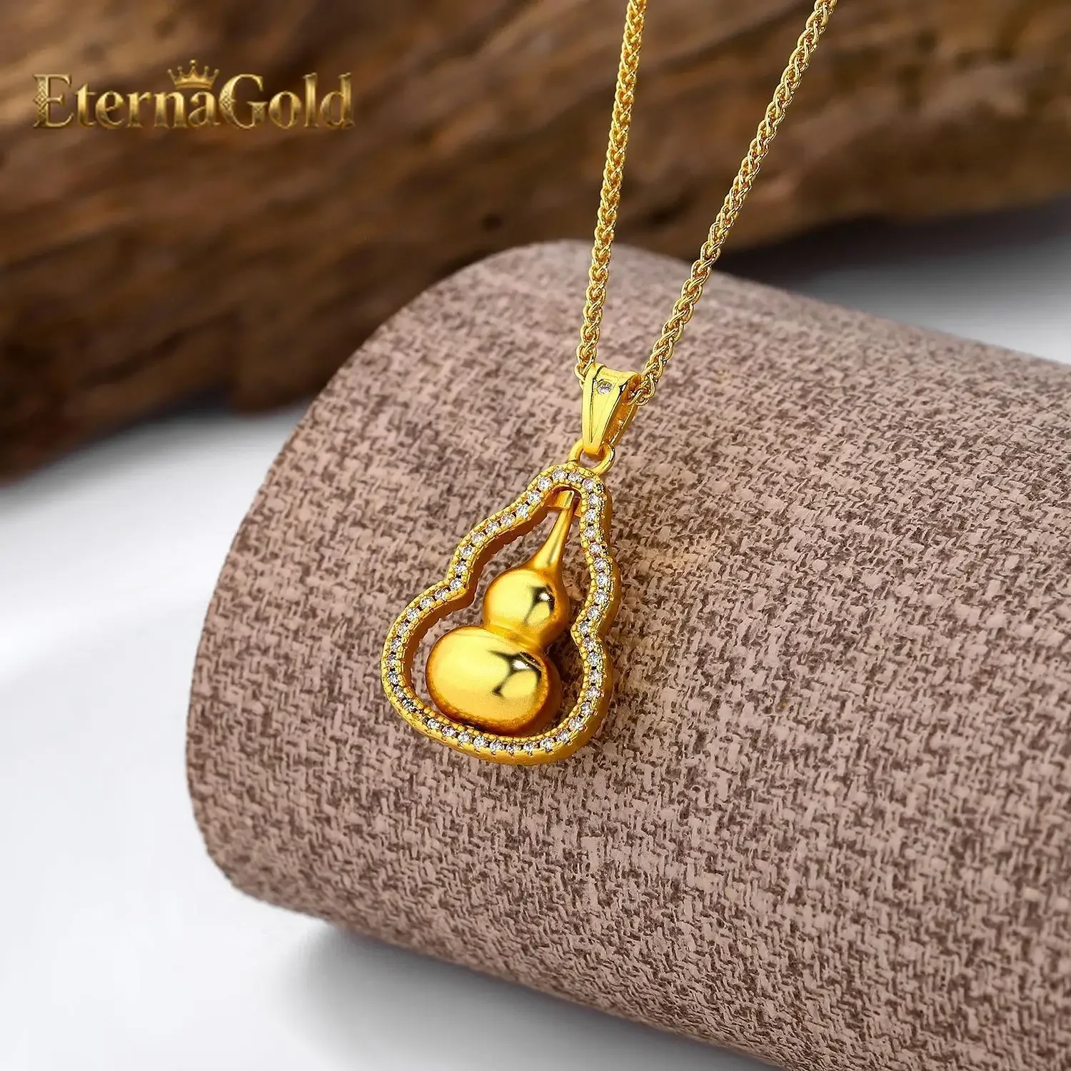 

EternaGold 999 24K real gold gourd rotation necklace Women's fashion new Chinese ancient micro inset zircon design collarbone c