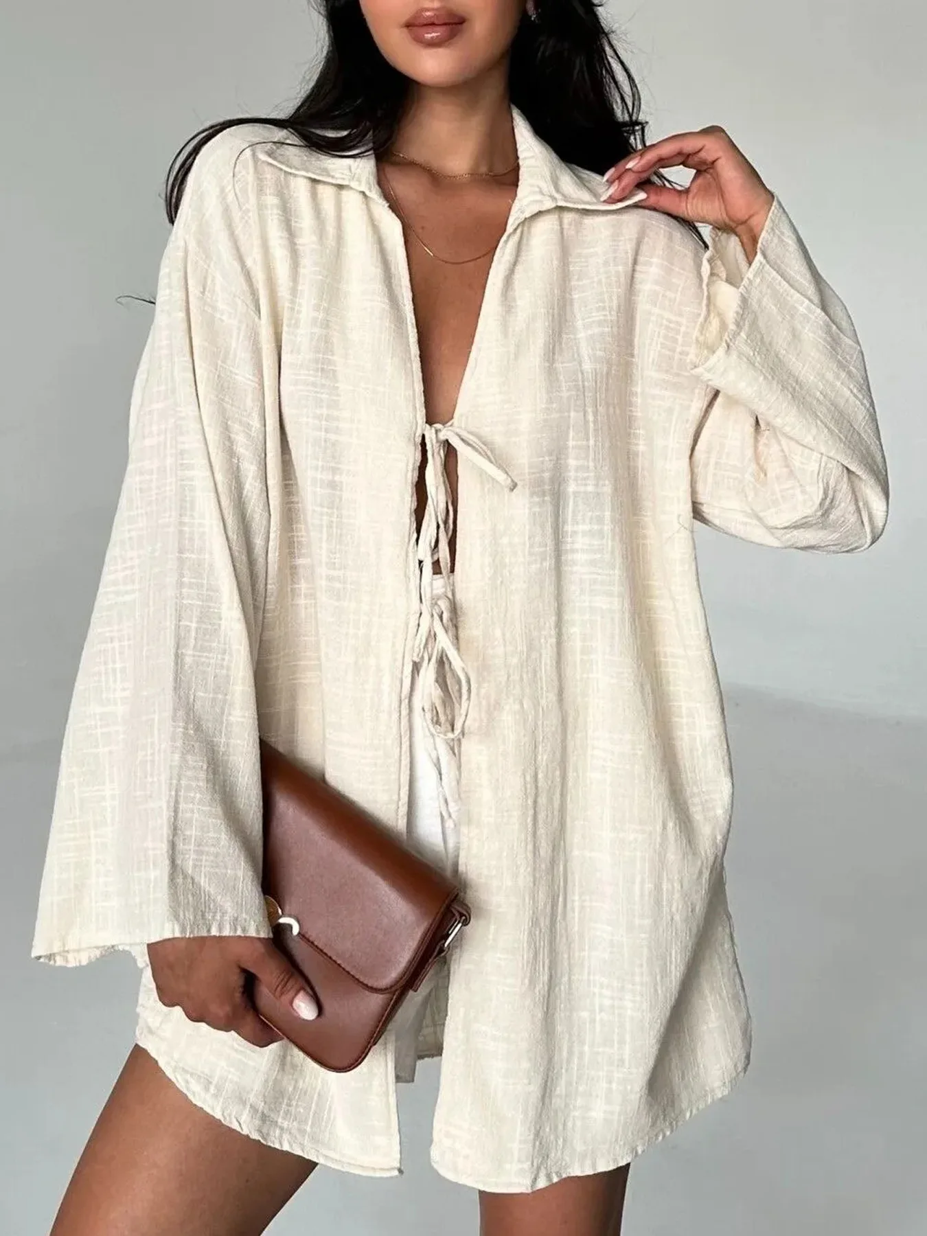 

Sexy Wrap Tie Blouse Long Sleeve V Neck Blouse Loose Home Loungewear Blouse European American Casual Women Fashion Top