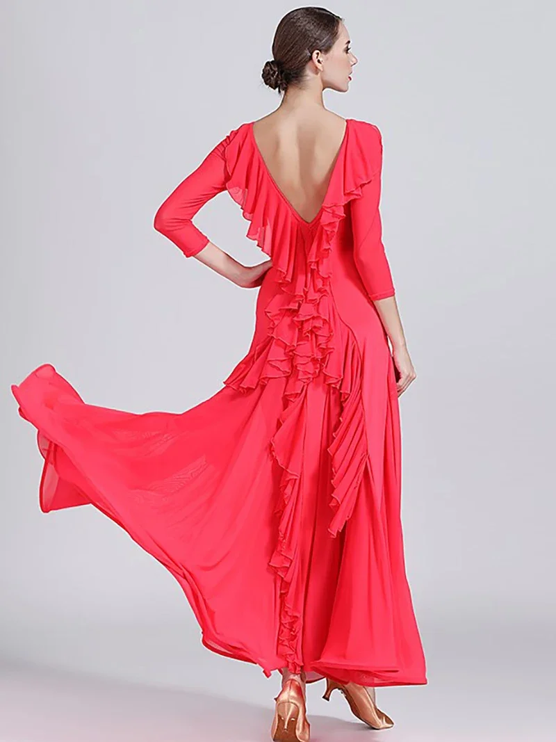 Adult Women Ballroom Dance Dress Mesh Ruffle Backless National Competition Ballroom Dancewear Female Evening Dresses