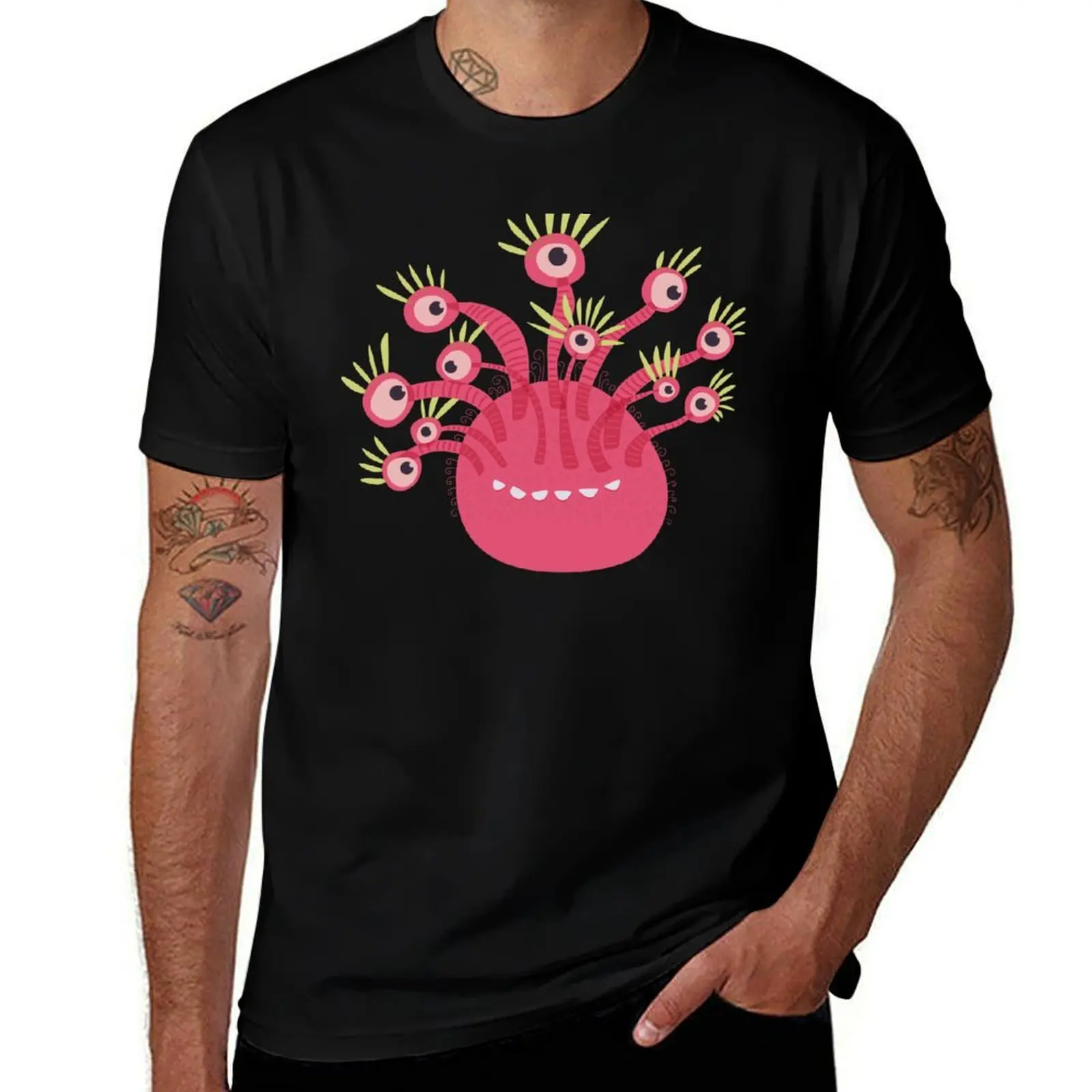 Funny Pink Monster With Eleven Eyes T-Shirt No Iron Casual Short Sleeve Top T-Shirt