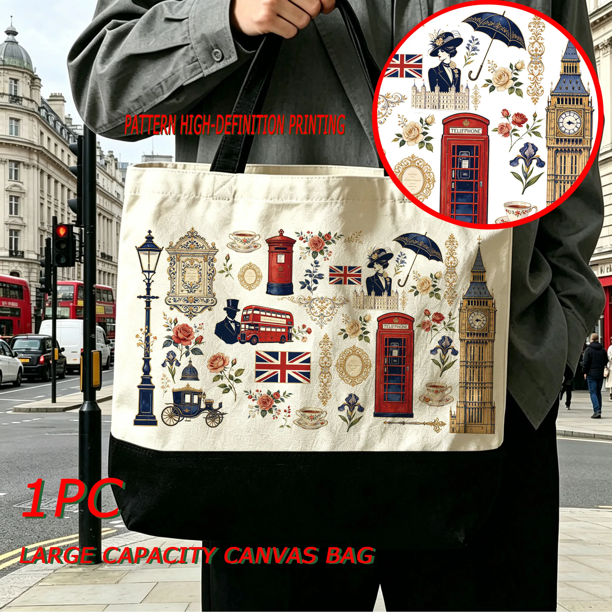 British Red Post Box Canvas Tote Bag Large Capacity London Souvenir Shoulder Bag, Cute UK Gift for Anglophiles