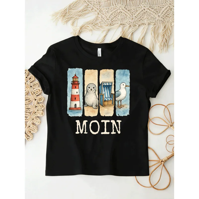 Watercolor North Germany Coast Lighthouse Seal Beach Chair Seagull MOIN German Greeting White Women T-Shirt
