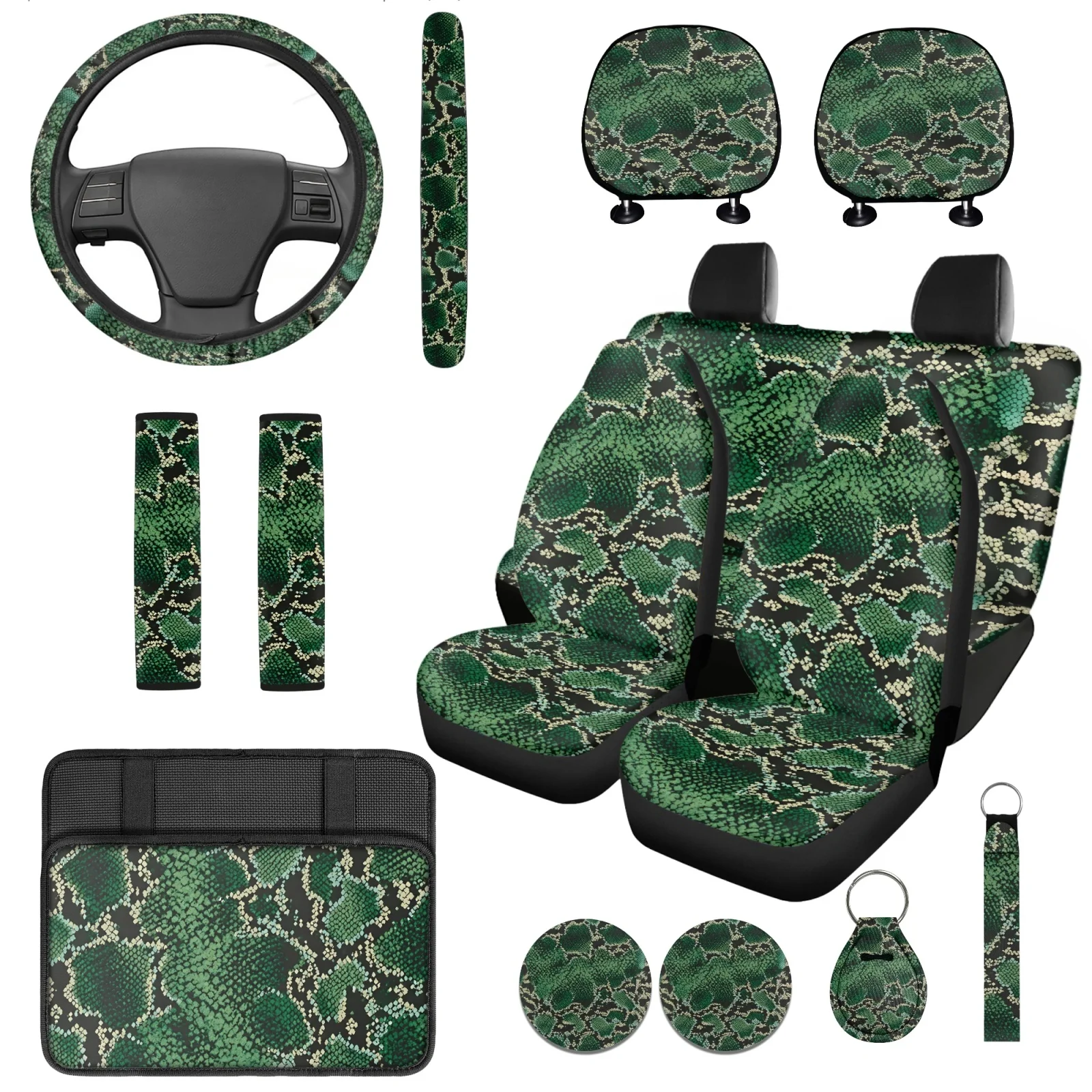 Coloranimal Snake Skin 14 Pcs Car Seat Covers Sets with Comfortable Car Armrest Box Pad and Car Headrest Covers for SUV