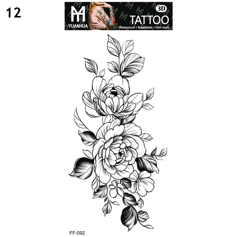 Water Transfer Black Flower Paster Temporary Waterproof Tattoos Sticker Fashion Sketch Rose Tattoos Sticker Body Art Decoration