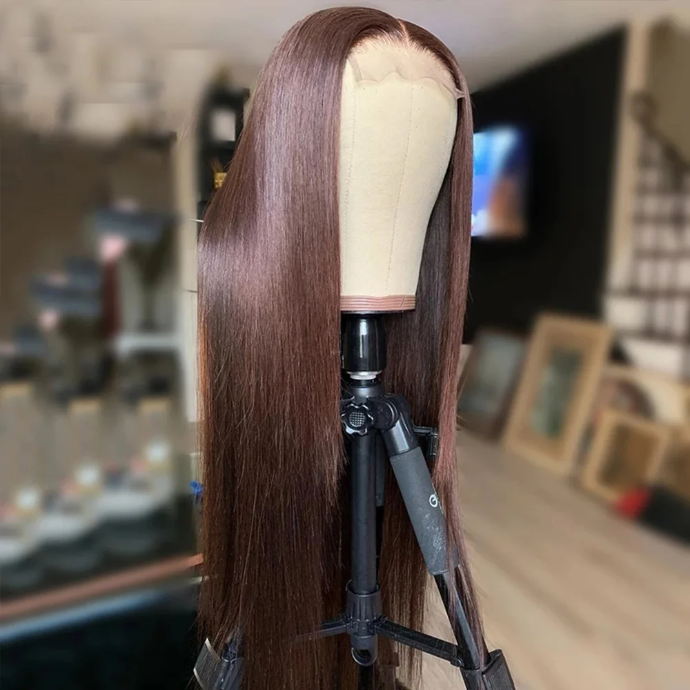 Zachte 30Inch Bruine Rechte 5X5 Zijden Basis Joodse Mensenhaar Pruiken Met Babyhaar Hd Kant Europese Haar Lijmloze Prepluckedwig