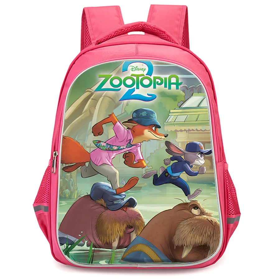 Zaino per ragazze con doppia tasca con cerniera, zaino scolastico rosa Cartoon Zootopia2, borse per bambini durevoli da 16 pollici per studenti delle alunni