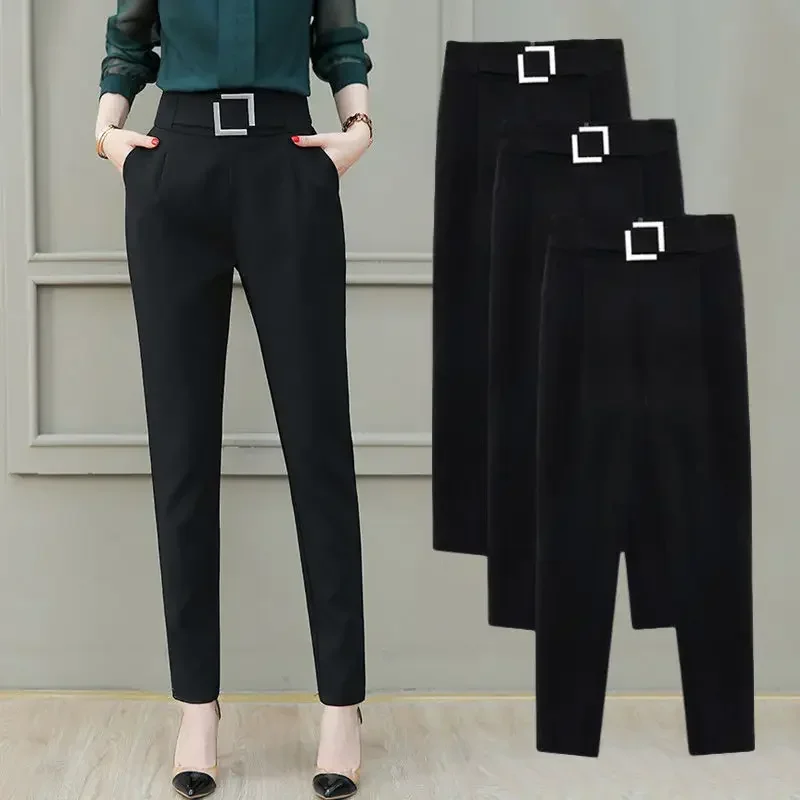 Pantalon noir imbibé pour femme, taille haute, ceinture, poches, bureau, dames, mode, âge moyen, rose, jaune