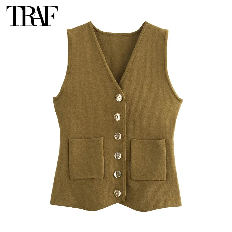 

New 2025 Knitted Sleeveless Vest Women Golden Button Waistcoat Autumn Knit Vests for Women Sweater Knitwears Vest Top Women