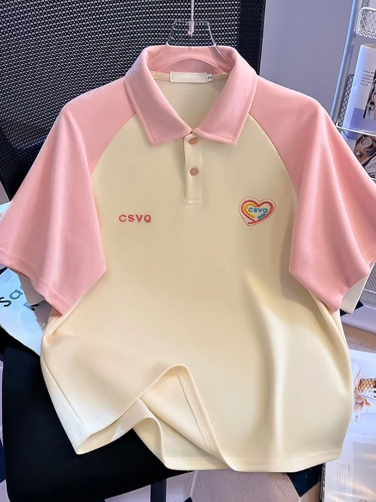 자수 레터링 루즈핏 여성 티셔츠 여름 캐주얼 면 혼방 한국 스타일 탑