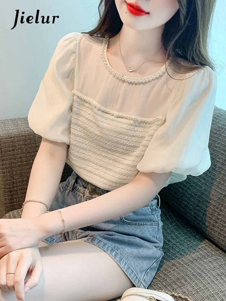 

Jielur Summer New Fake Two Piece Slim Women Blouse Contrast Color Sweet Ladies Elegant Blouse Female Casual Loose Chiffon Top