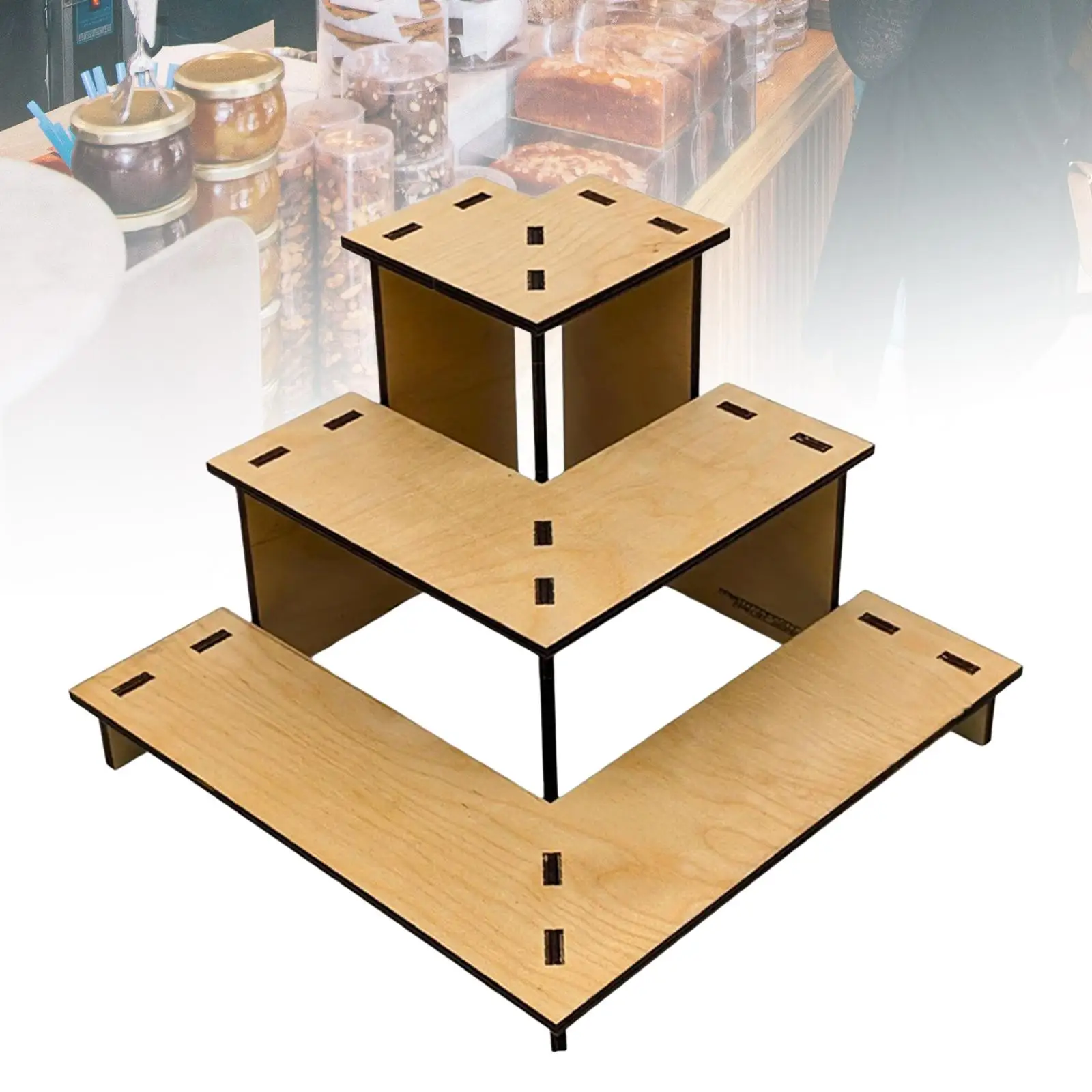 Présentoir d'angle en bois à 3 niveaux pour la vente au détail, idéal pour les desserts, les bonbons, les artisanat, les comptoirs de stand de vente et les produits.