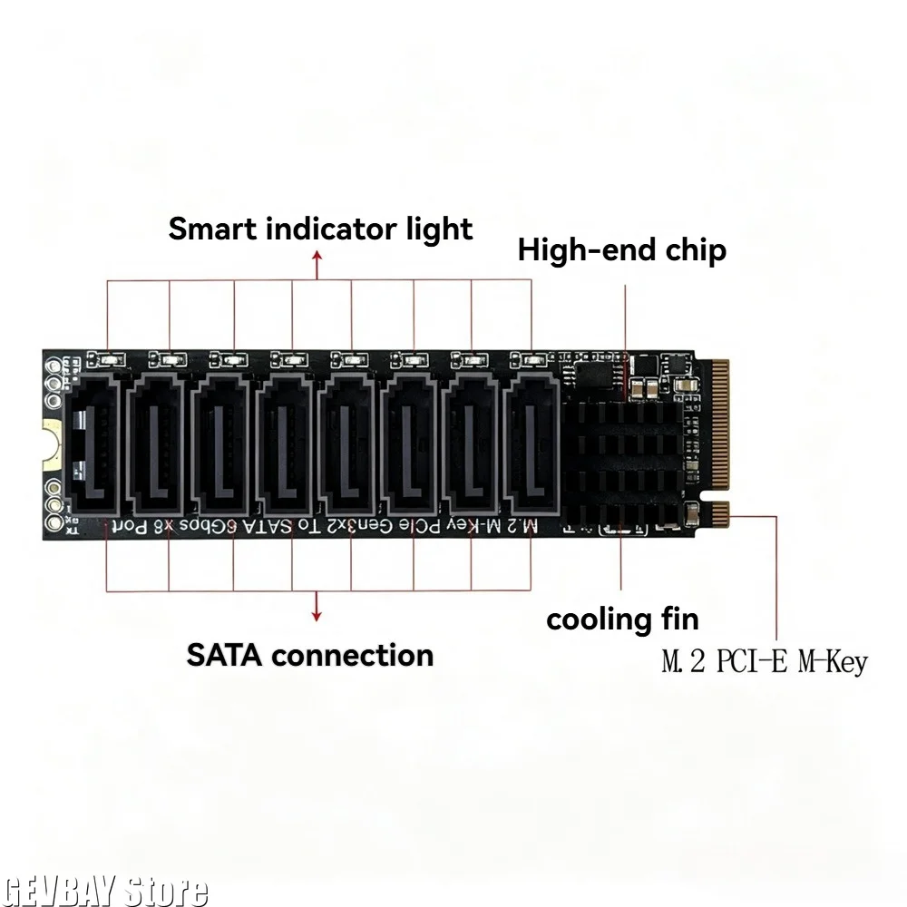 M.2 PCIE To SATA Expansion Card ASM1166 6Gbps 8 Port M.2 M KEY NVMe To SATA Convert Card with Tools Included