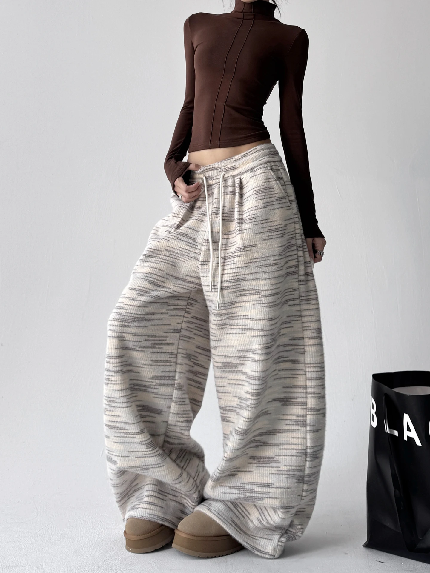 ارتفاع الخصر السراويل واسعة الساق المرأة الخريف الشتاء فضفاضة عادية لينة مريحة مستقيم قطع السراويل بناطيل كاجوال للسيدات #3