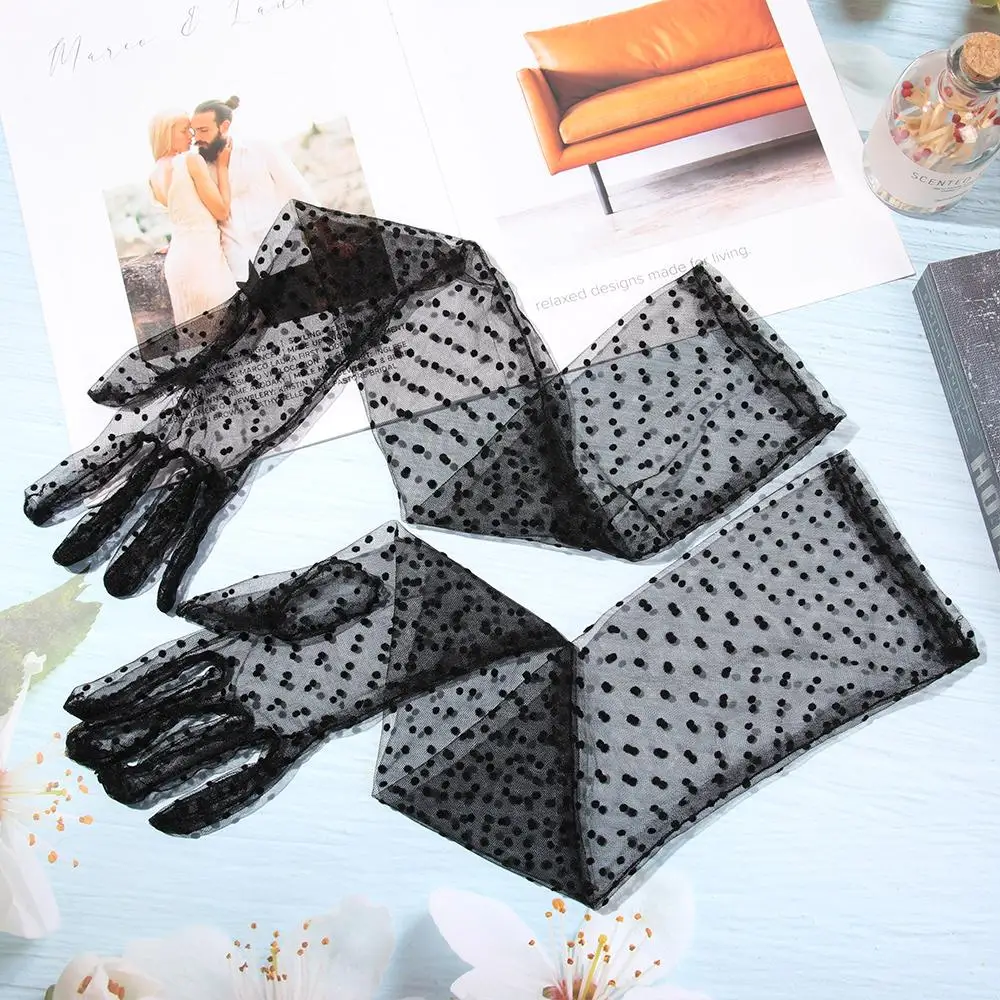 رقيقة جدا طويلة تول قفازات الصيف بسط الدانتيل كامل فنجر القفازات واقية من الشمس قفازات شفافة للنساء الفتيات الزفاف #5