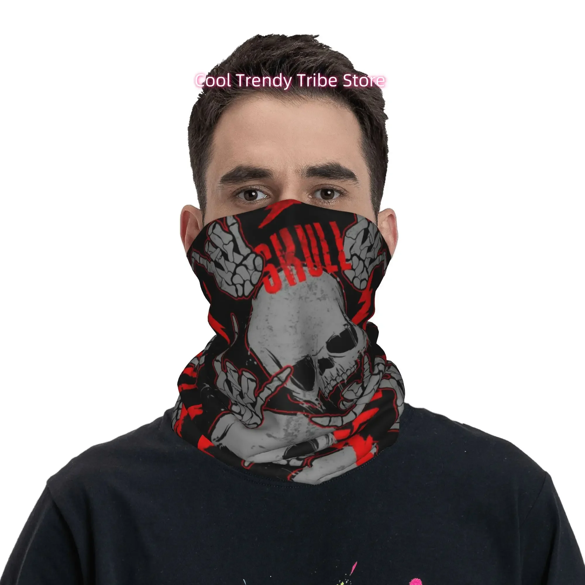 Grunge Punk Art with Skeleton Horn Hands Lightning Bolts Novelty Print Bandana Men Funny Head Scarf Outdoor Fashion Headwrap Gif