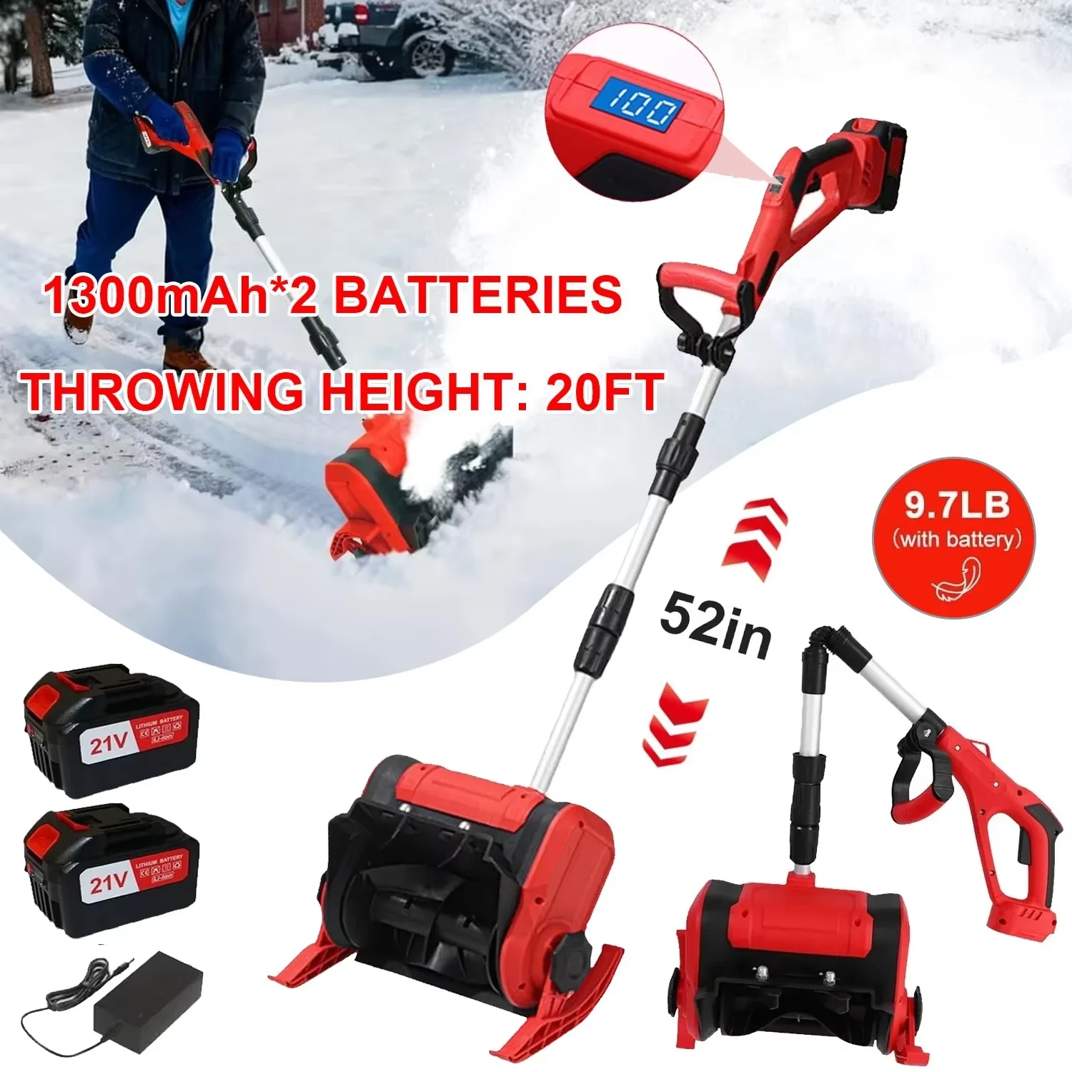 

21V Electric Snow Shovel Foldable Snow Plow Fast Snow Clearing Tool Winter Equipment For Garden Courtyard Street With 2Batteries
