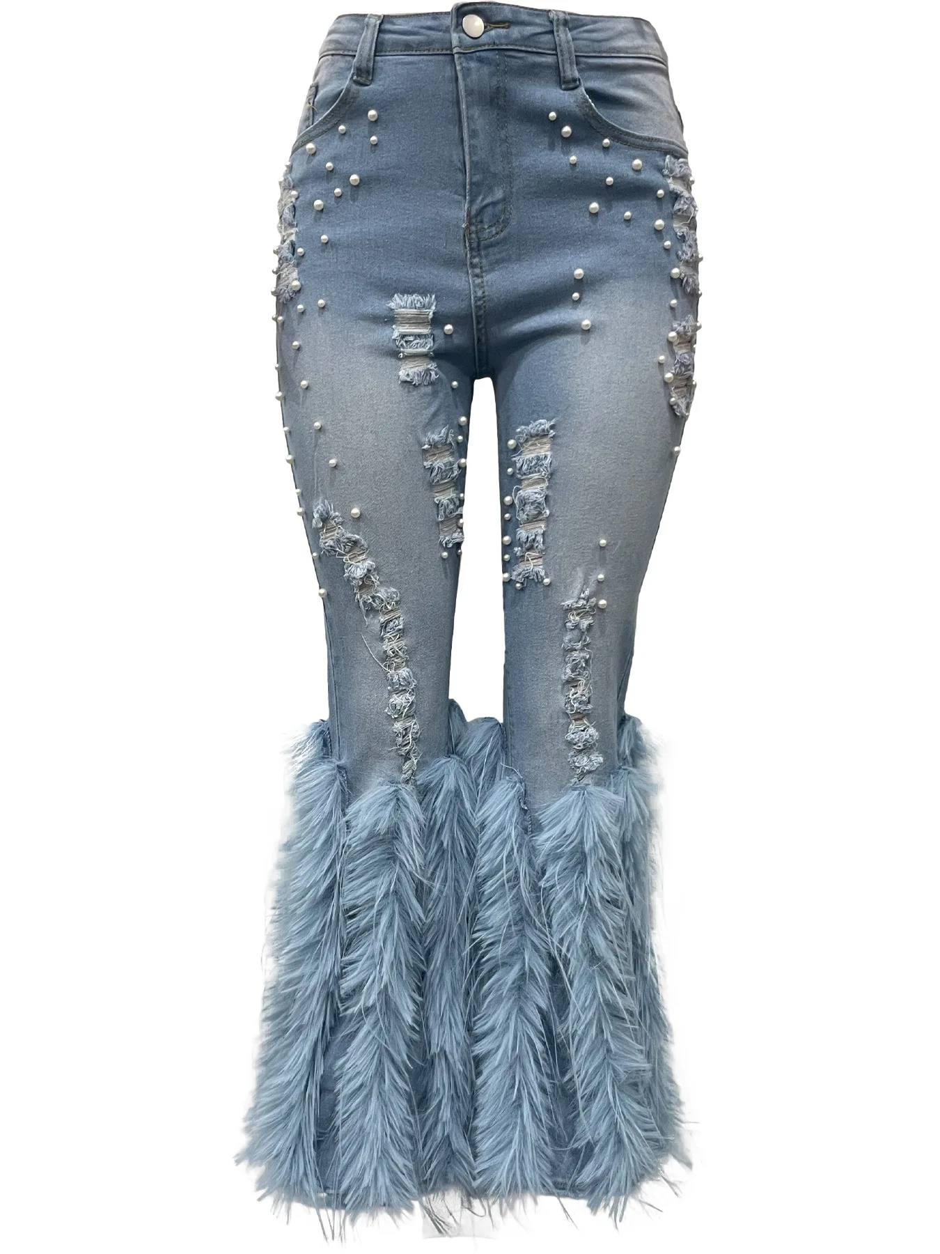 New High Waist Elastic Denim Jeans Feathers Decoration Faded Pearl Embellished Versatile Independent Station Women's Jeans