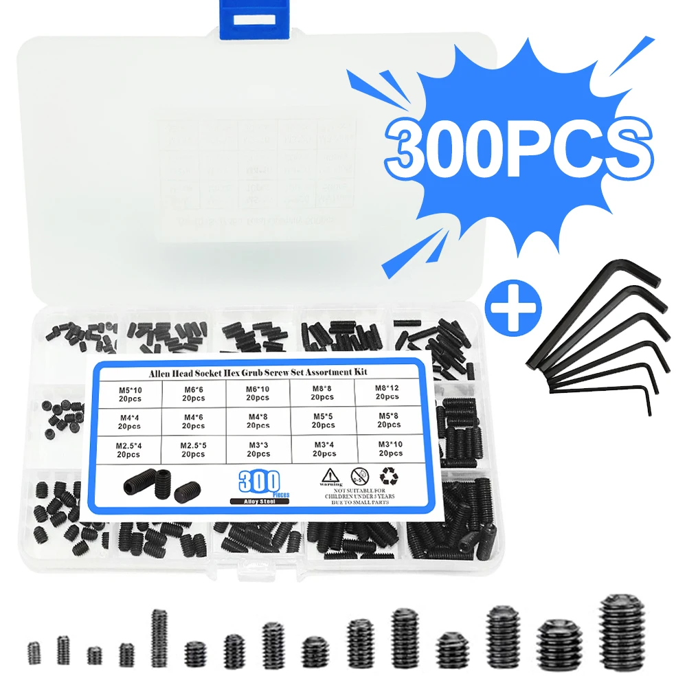 300 Pcs Allen Head Hex Socket Head Grub Screws,12.9 Class Alloy Steel Internal Hex Drive Cup-Point Screws Set 15 Sizes